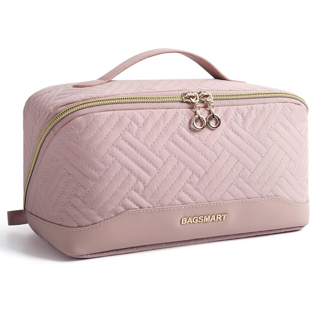 BAGSMART Quilted Blush Pink Travel Cosmetic Case